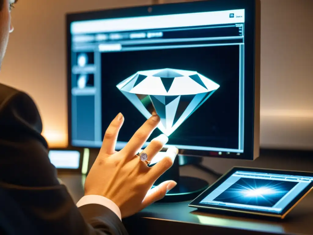 Un gemólogo experto analiza un diamante brillante con las mejores herramientas digitales para gemología, mostrando precisión y concentración