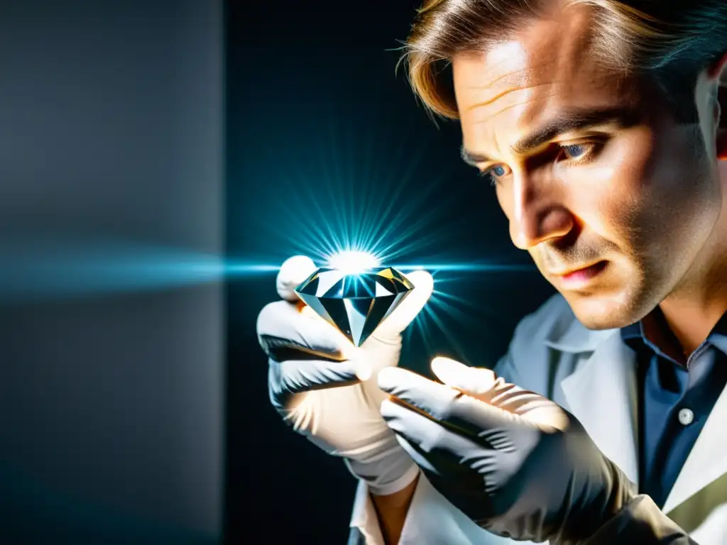 Un gemólogo experto examina minuciosamente un diamante brillante, transmitiendo la importancia de la inversión segura en joyería certificada