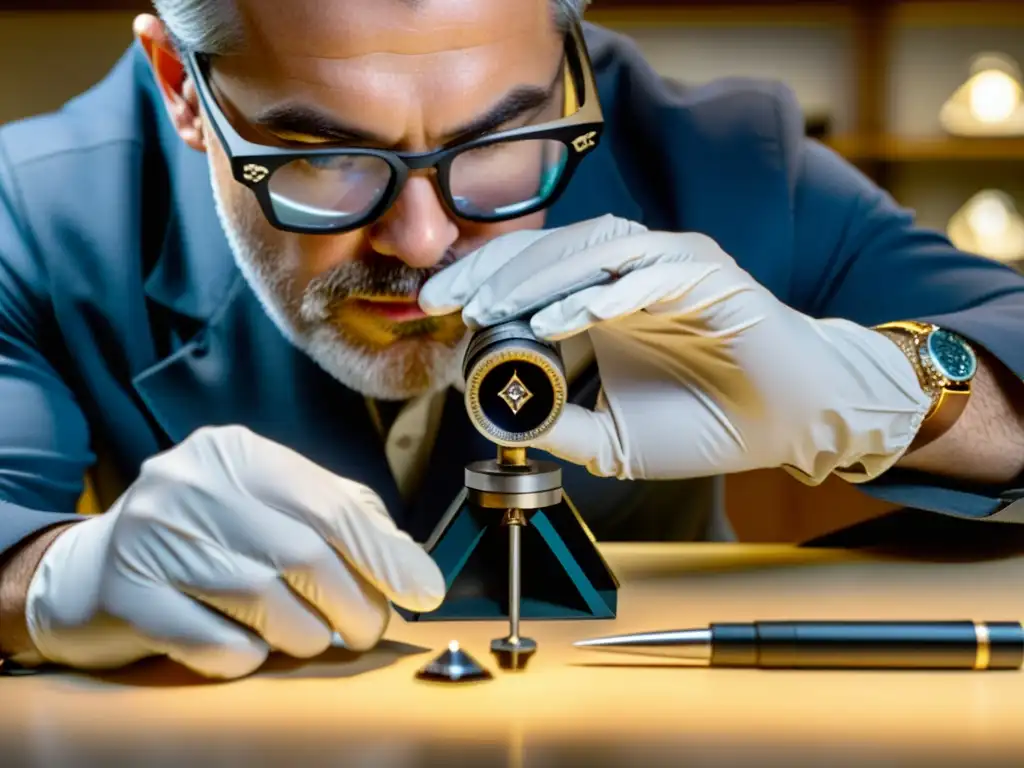 Un gemólogo experto examina un diamante con lupa en un laboratorio bien iluminado, transmitiendo precisión y meticulosidad