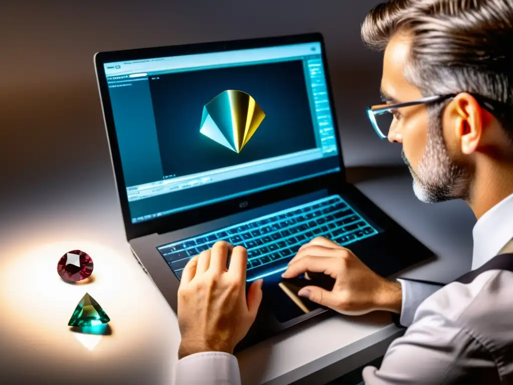 Un gemólogo analiza y evalúa gemas con precisión bajo luz profesional y magnificación, utilizando Software Profesional de Gemología