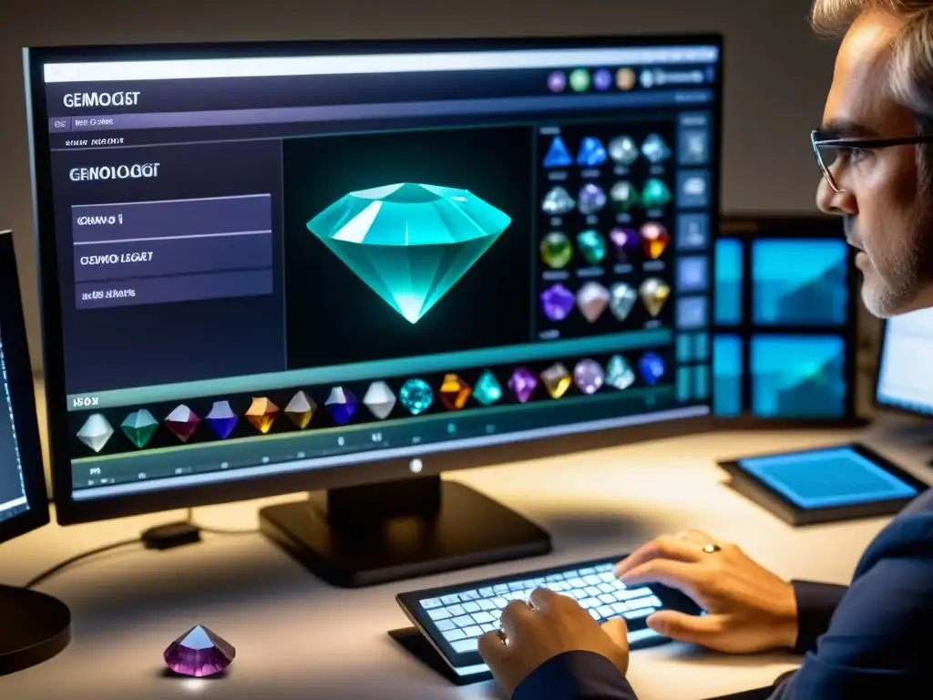 'Un gemólogo usando las mejores herramientas digitales para gemología, analizando gemas con precisión y detalle en su pantalla de ordenador'