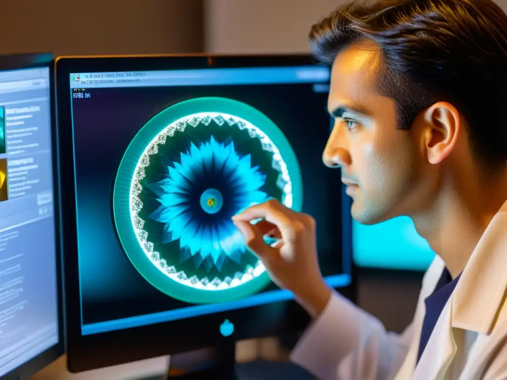 Un gemólogo examina detalladamente una piedra preciosa con herramientas y software para gemología online, fusionando tecnología y expertise tradicional