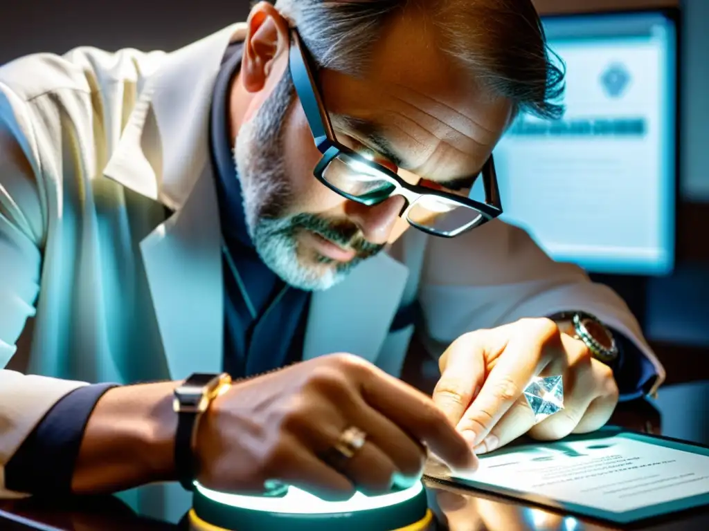 Un gemólogo evaluando con precisión un diamante radiant cut bajo una luz brillante, con una lupa en el ojo y certificado de autenticidad en la mesa