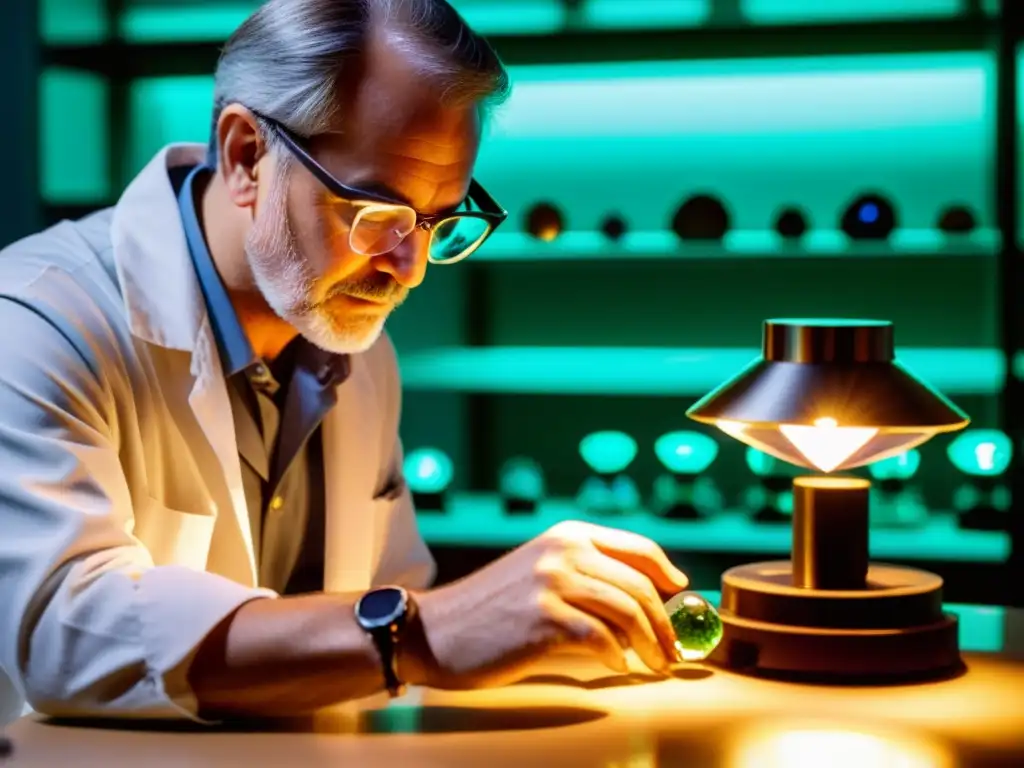 Un gemólogo examina con precisión una piedra preciosa bajo una lámpara especial en un laboratorio bien iluminado