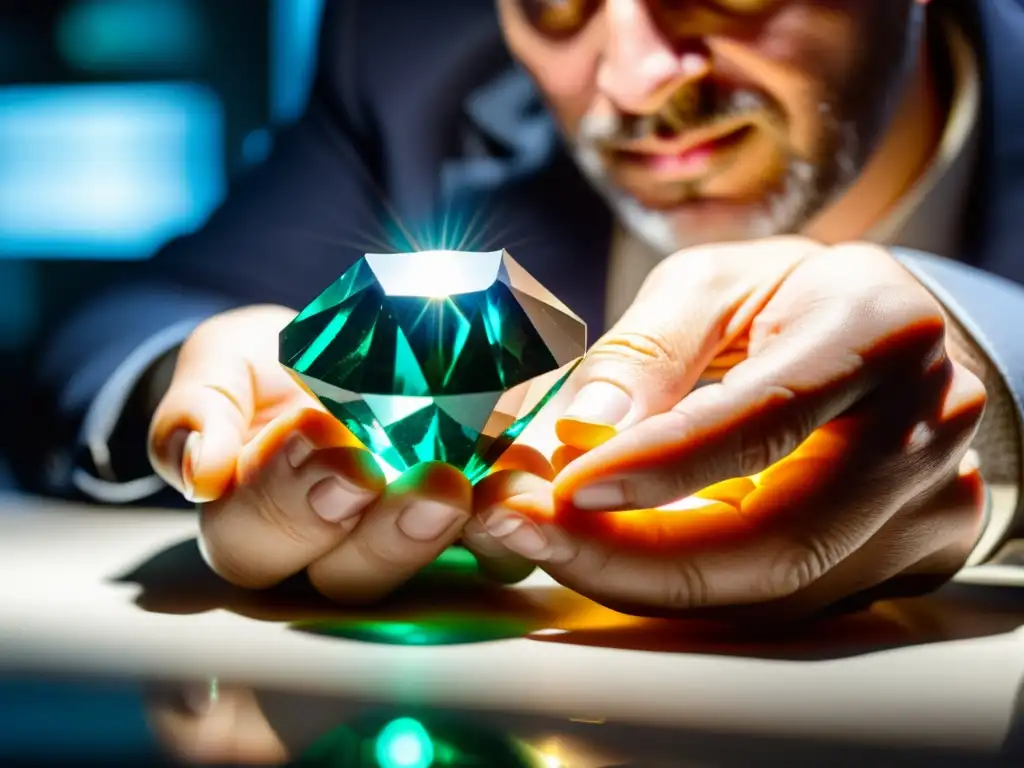 Examen detallado de una rara gema sin cortar Un gemólogo examina con precisión una rara y sin cortar gema bajo una luz brillante