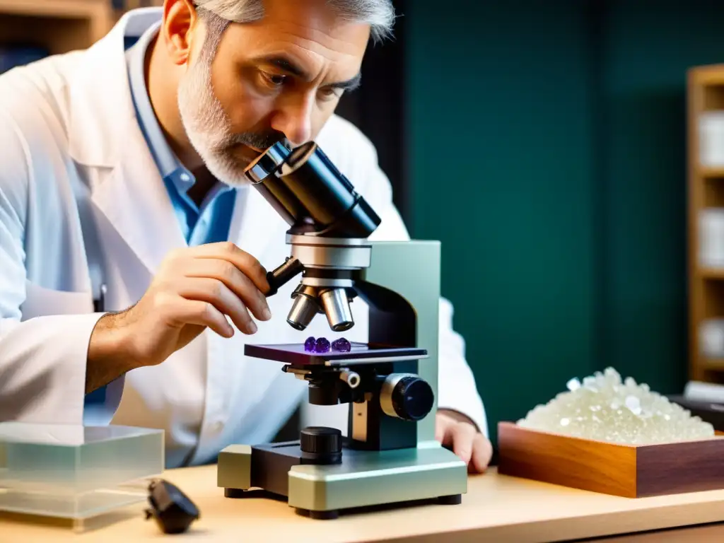 Un gemólogo examina con precisión un raro y exquisito gemstone bajo un microscopio especializado rodeado de herramientas y equipamiento para gemología