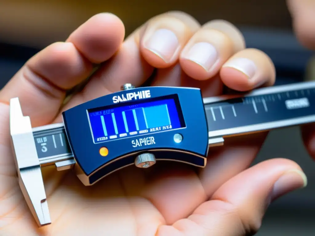 Un gemólogo mide con precisión un zafiro brillante utilizando un calibre digital, mostrando la comparativa precisión calibres digitales vs analógicos