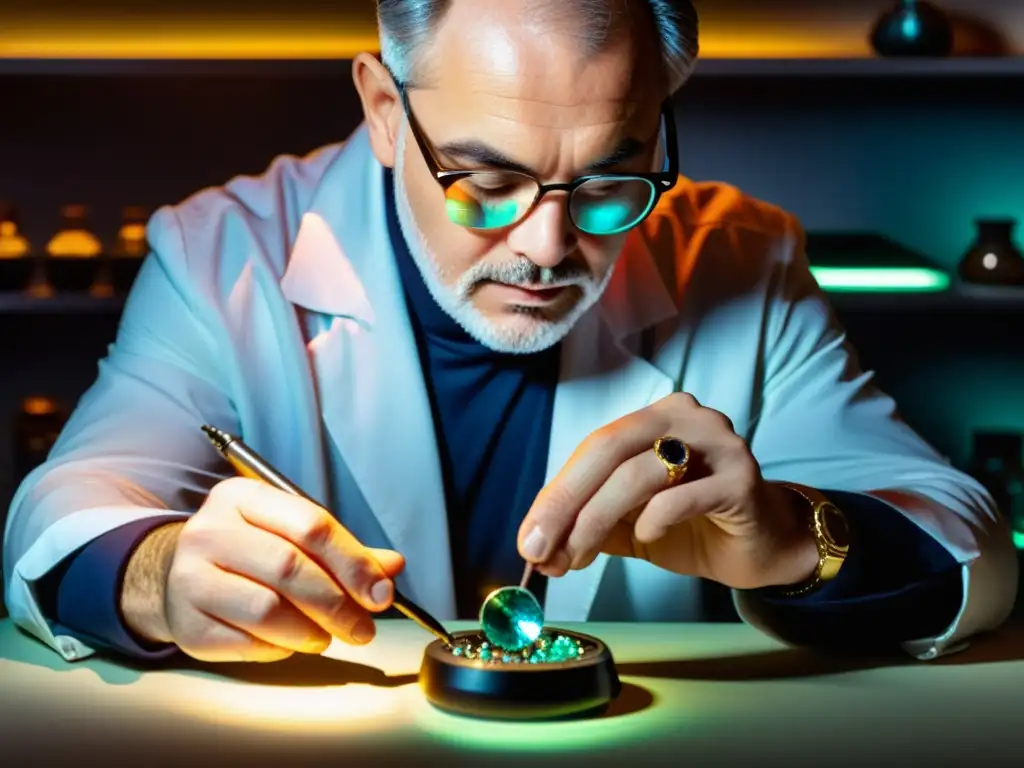 Un gemólogo profesional examina con precisión una piedra preciosa bajo una luz brillante, rodeado de herramientas y equipo gemológico