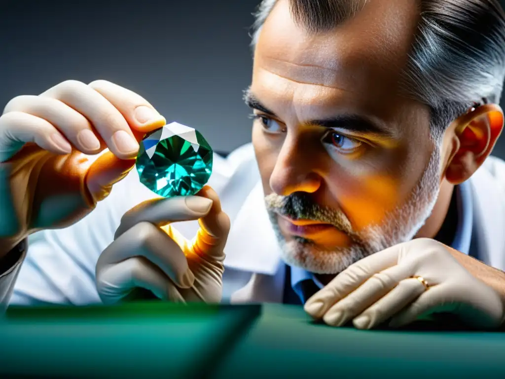 Experto gemólogo examina joya rara con precisión Un gemólogo examina meticulosamente una rara y vibrante gema bajo aumento, transmitiendo experiencia y precisión en la evaluación de gemas