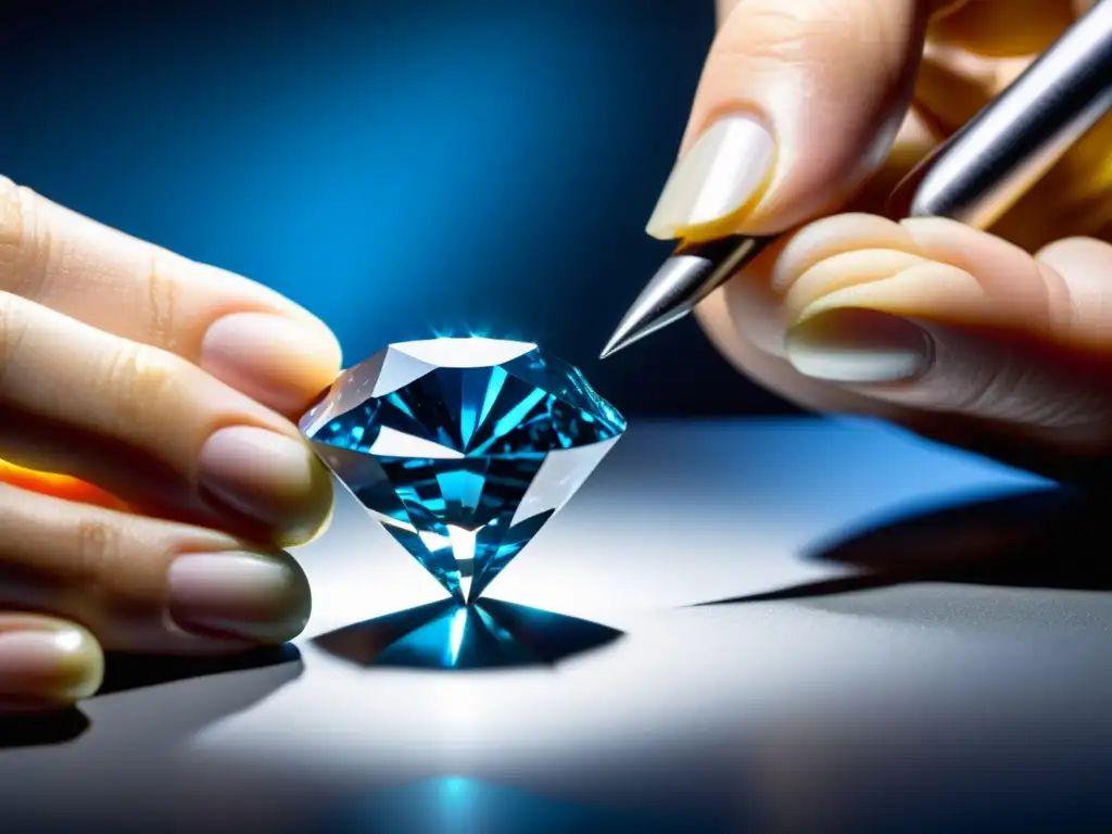 Diamante azul excepcional: examen detallado por experto Un gemólogo examina con precisión un raro diamante azul bajo intensa iluminación de estudio, revelando su brillo y profundidad