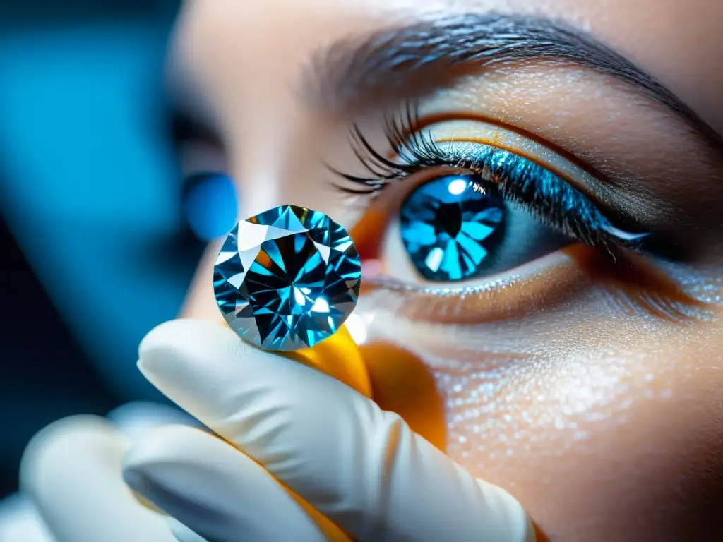 Un gemólogo examina minuciosamente un raro diamante azul bajo lupa en un laboratorio profesional