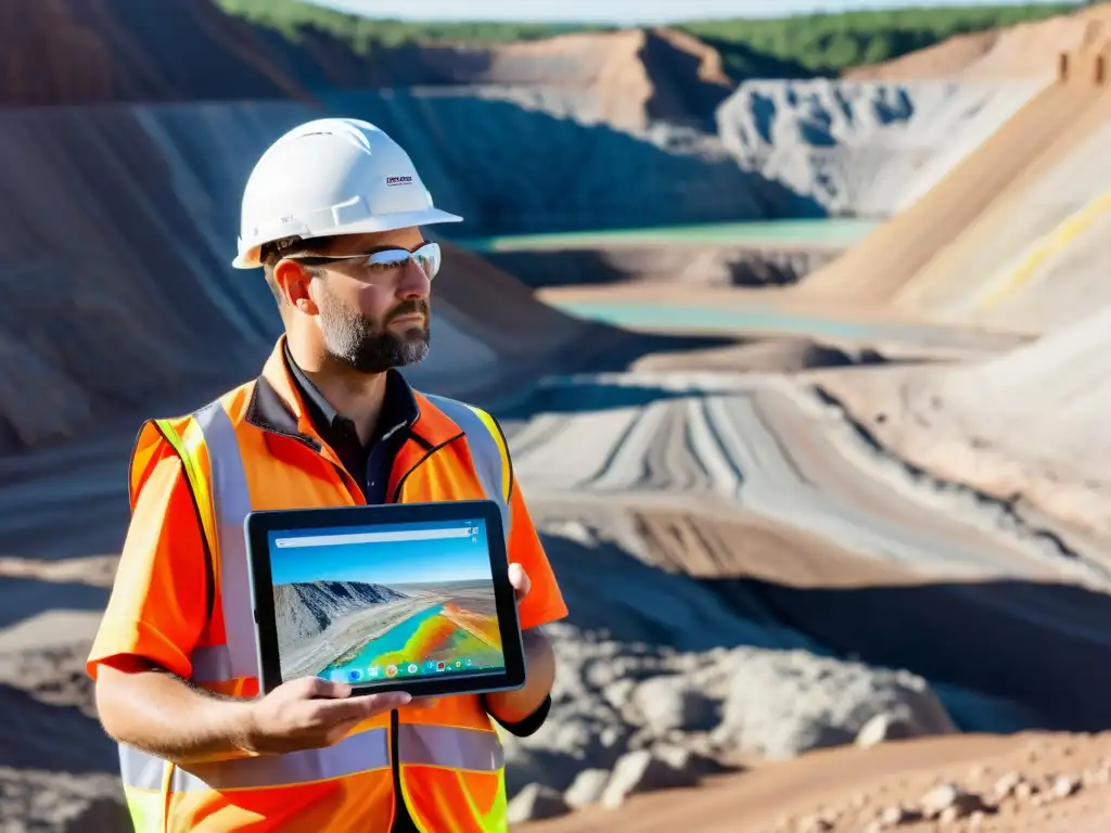 Un geólogo concentradamente utiliza software de mapeo geológico en una mina a cielo abierto