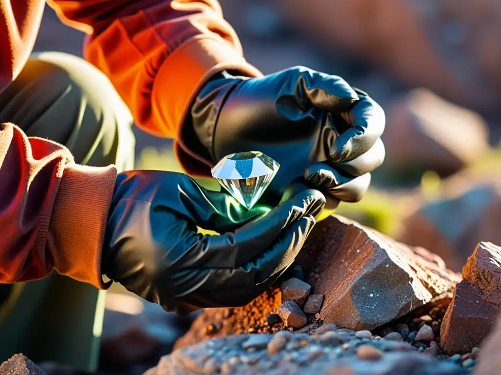 Un geólogo extrae con cuidado un deslumbrante diamante de un terreno rocoso, mostrando la formación y extracción de gemas