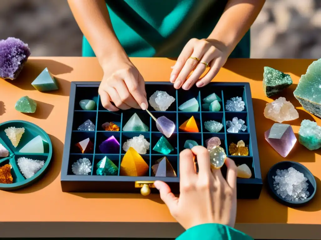 Un geólogo organizando con cuidado minerales coloridos en cajas, resaltando su dedicación y expertise