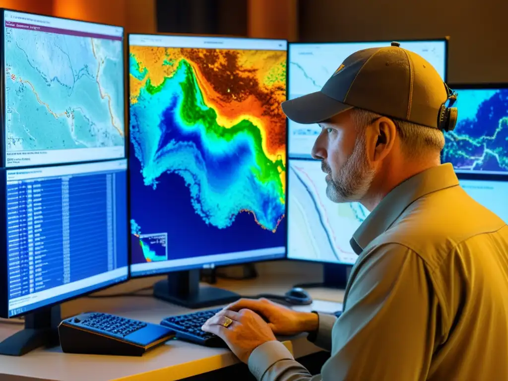 Un geólogo especializado analiza datos geológicos en un entorno minero con software de mapeo geológico