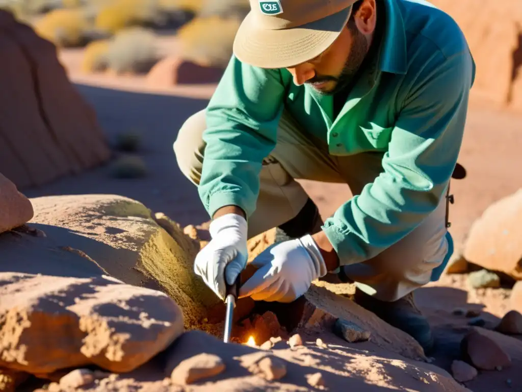 Un geólogo realiza experimentos prácticos con minerales en un paisaje desértico, extrayendo un mineral multicolor de una formación rocosa