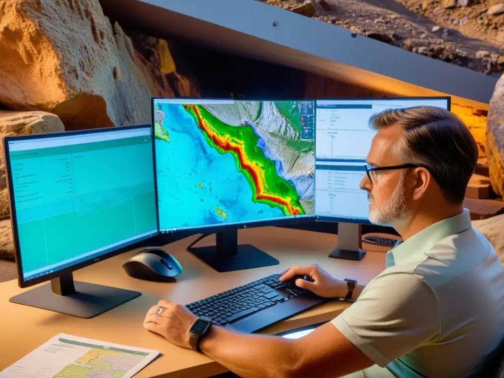 Un geólogo experto analiza formaciones rocosas en una mina con software mapeo geológico para la minería