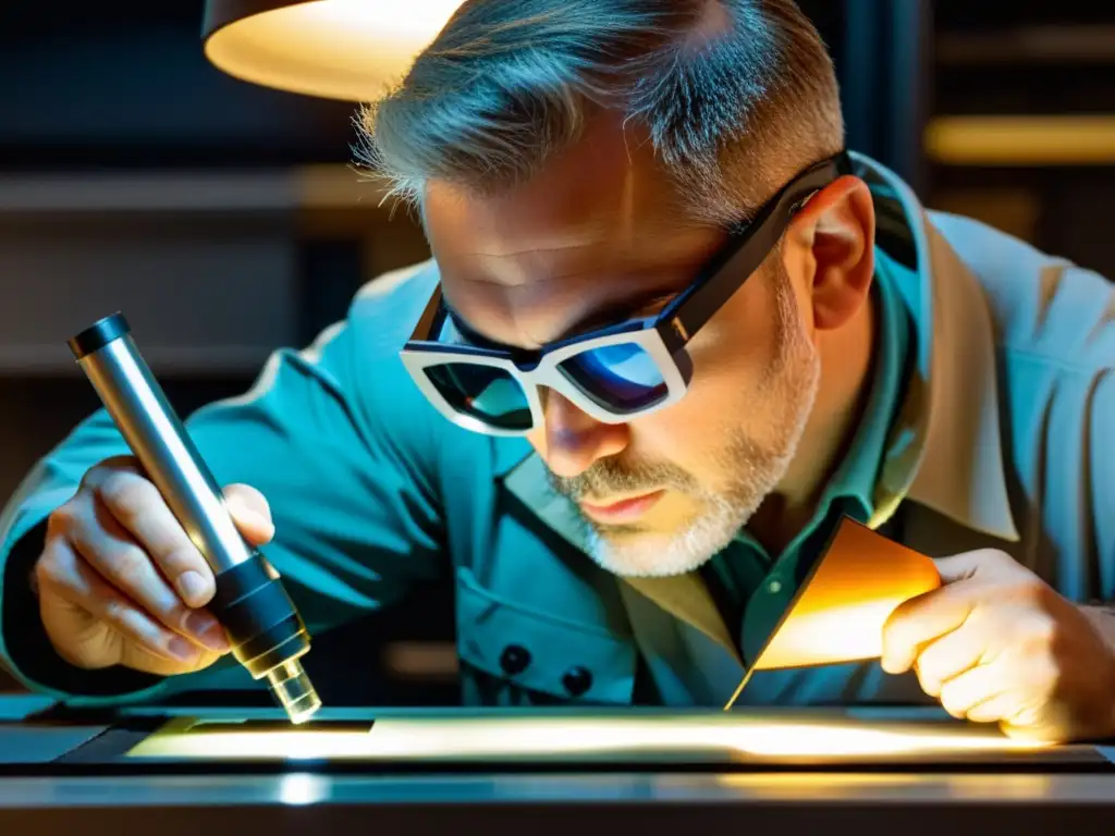 Un geólogo experto analiza minerales con el mejor refractómetro en un laboratorio tenue, revelando precisión y conocimiento