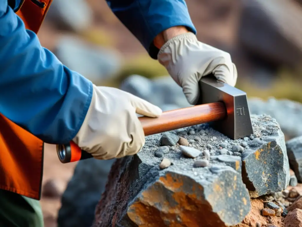 Un geólogo experto extrae con precisión una muestra mineral usando un martillo geológico para exploración de minerales