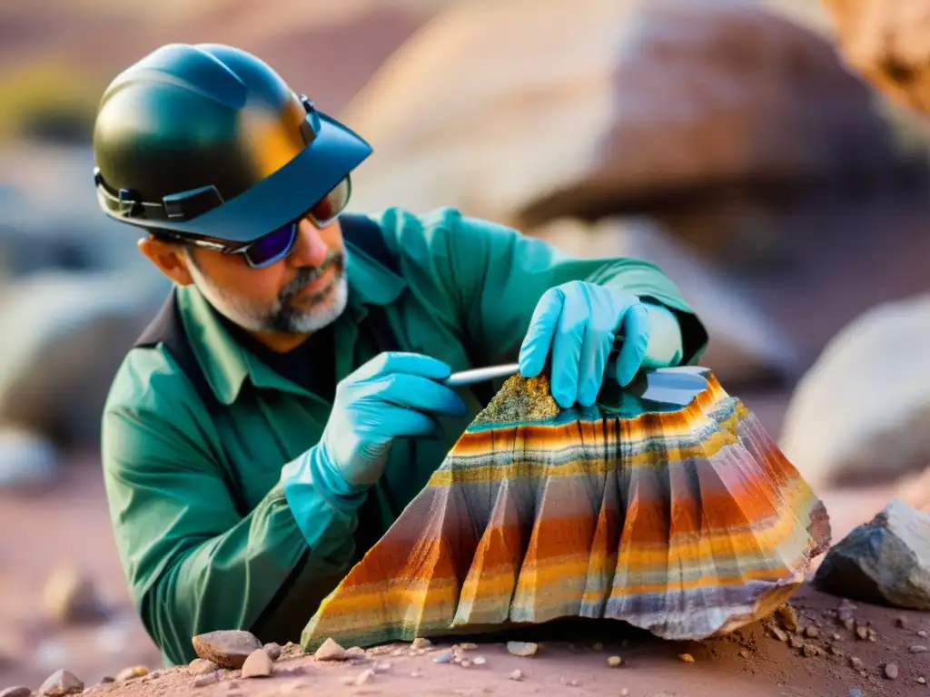 Un geólogo examina meticulosamente una formación rocosa colorida, destacando las propiedades químicas de minerales y elementos de transición