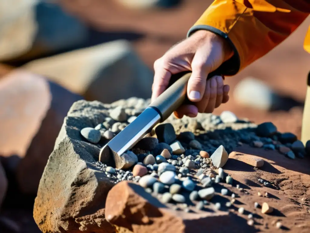 Un geólogo usando un martillo geológico para extraer una muestra de roca de un yacimiento mineral