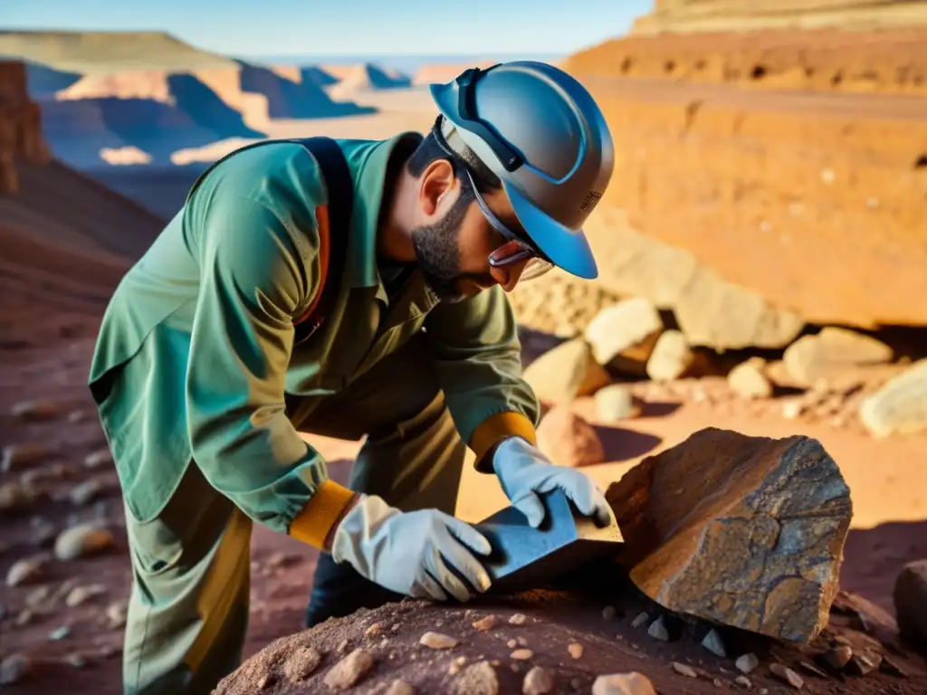 Un geólogo usando un martillo para excavar minerales con precisión