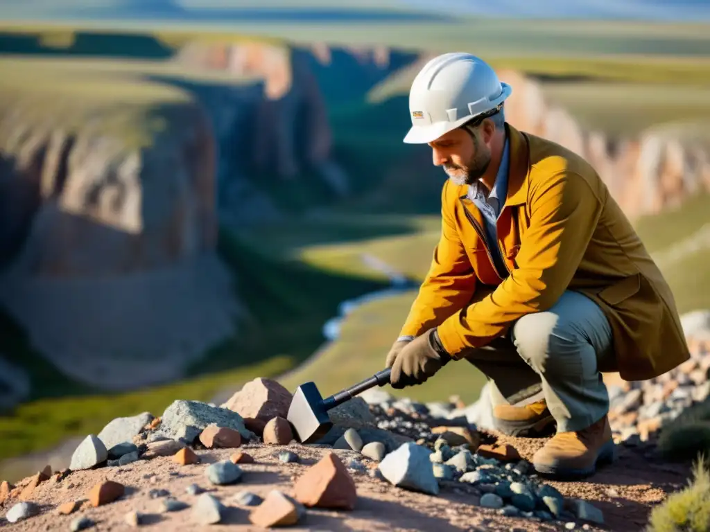 Un geólogo elige cuidadosamente entre diferentes martillos geológicos para exploración de minerales en terreno rocoso