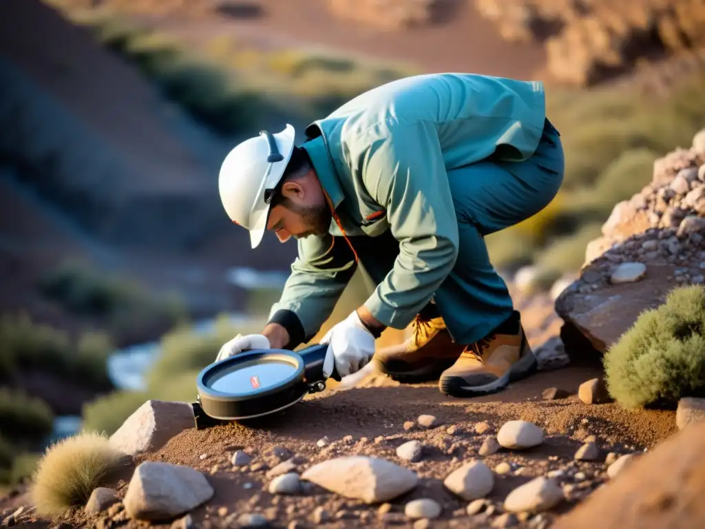 Un geólogo usa el mejor detector de metales para geología en terreno mineral