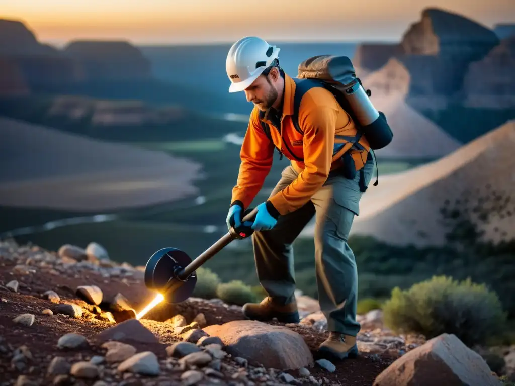 Un geólogo usando los mejores detectores de metales para geología en un terreno rocoso y árido, escaneando con intensa concentración