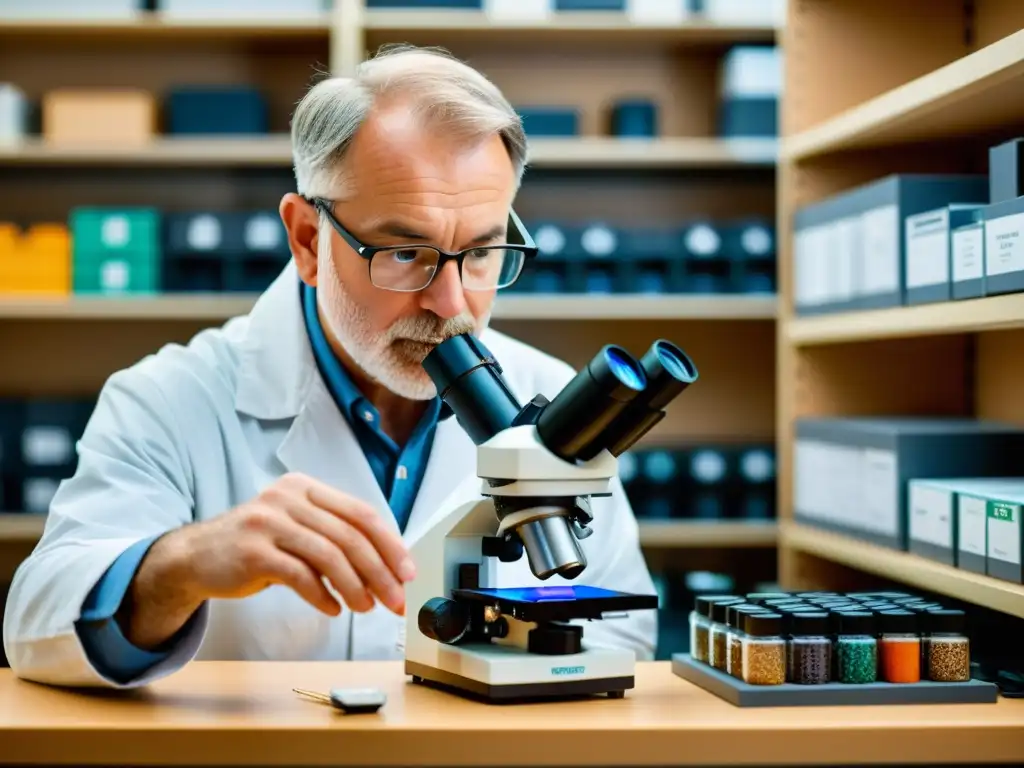 Un geólogo examina minerales en microscopio, rodeado de kits de prueba para minerales