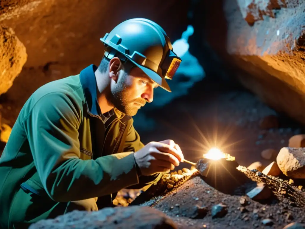 Un geólogo analiza minerales en una mina con una lámpara frontal