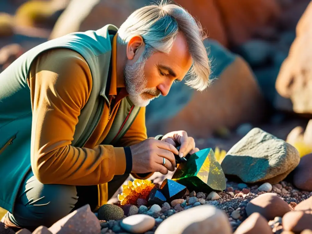 Un geólogo fotografiando minerales en peligro, resaltando la importancia de la conservación y la ciencia