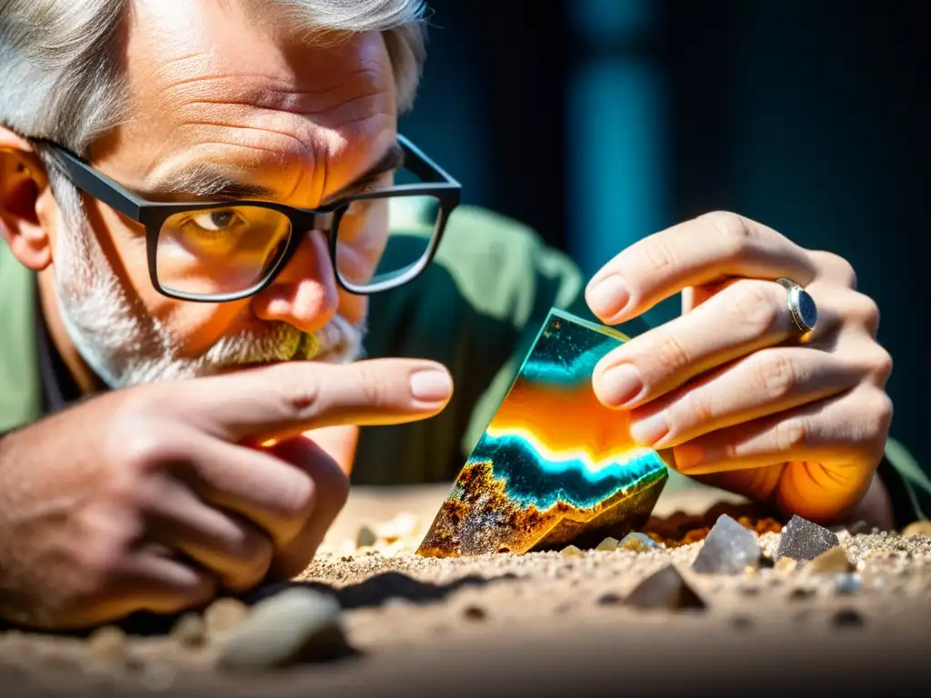 Un geólogo examina minerales con tecnología de alta precisión, resaltando su textura y color