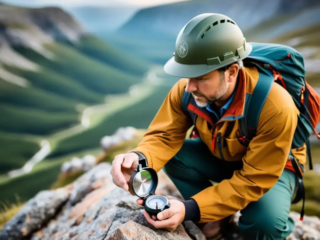 Un geólogo moderno usando la mejor brújula para explorar un terreno rocoso