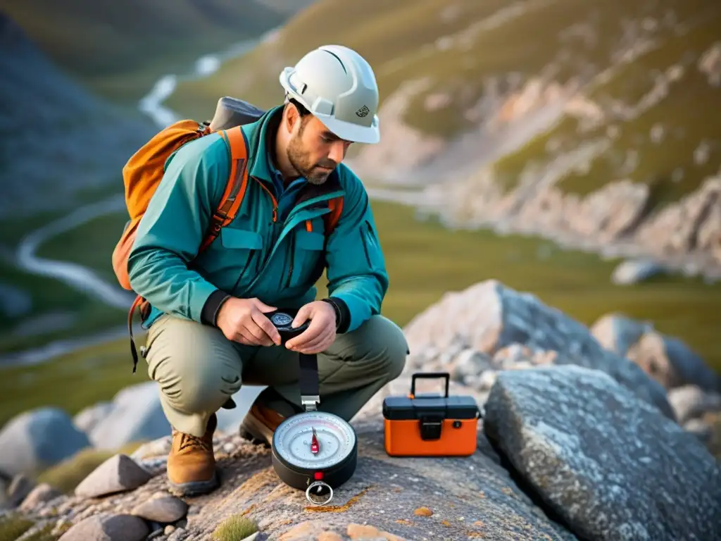 Un geólogo moderno utilizando la mejor brújula en terreno rocoso, destacando la importancia de la precisión en la exploración geológica