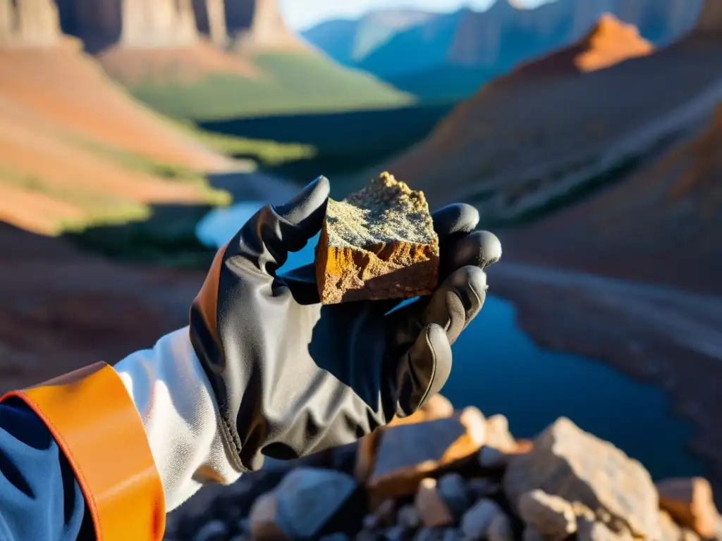 Un geólogo sostiene una muestra rocosa, con capas y depósitos minerales visibles