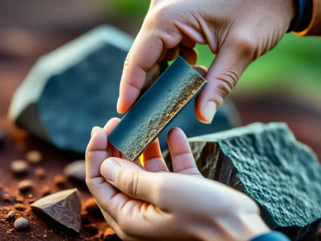 Geólogo midiendo resistencia de mineral con herramienta especializada