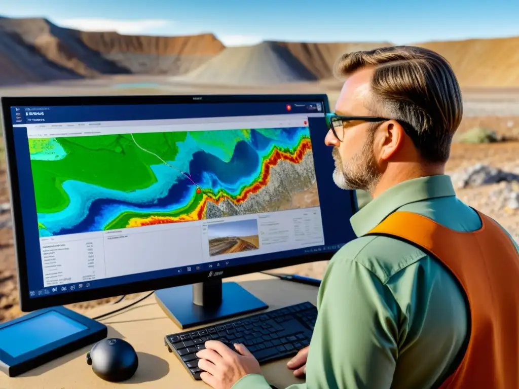 Geólogo usando software para mapeo geológico en minería, creando detallado mapa 3D del yacimiento en pantalla