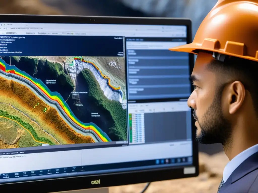 Geólogo usando software mapeo geológico para analizar formaciones rocosas en una mina, con datos detallados en la pantalla, mientras colegas observan