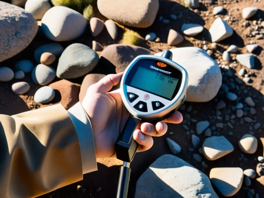 Un geólogo escanea el terreno con un detector de metales en un paisaje rocoso