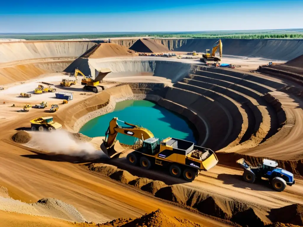 Un gigantesco excavador minero en una enorme mina a cielo abierto, rodeado de equipos pesados y camiones
