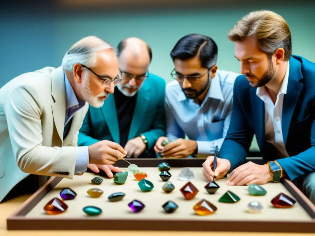 Grupo de aficionados a la gemología examinando con pasión diversas piedras preciosas en un curso de gemología para aficionados