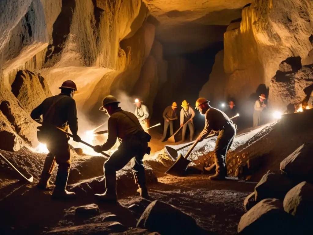 Grupo de antiguos mineros trabajando en una mina subterránea iluminada por antorchas, redescubriendo técnicas de minería antigua