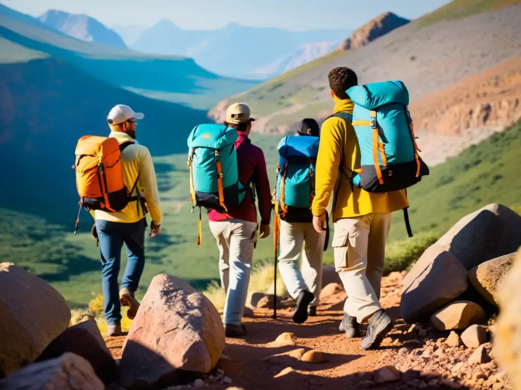 Grupo apasionado busca y recolecta minerales en montaña, revelando colores vibrantes en terreno rocoso