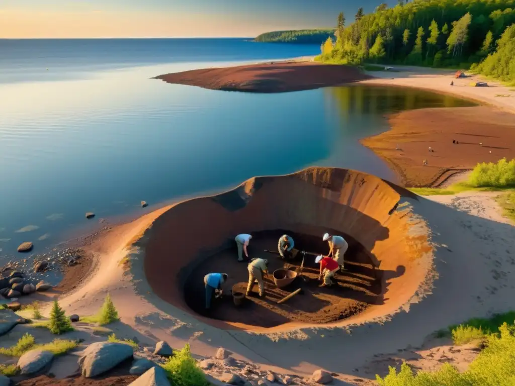 Grupo de arqueólogos excavando un sitio prehistórico de extracción de cobre en Michigan, rodeados de la belleza natural del paisaje