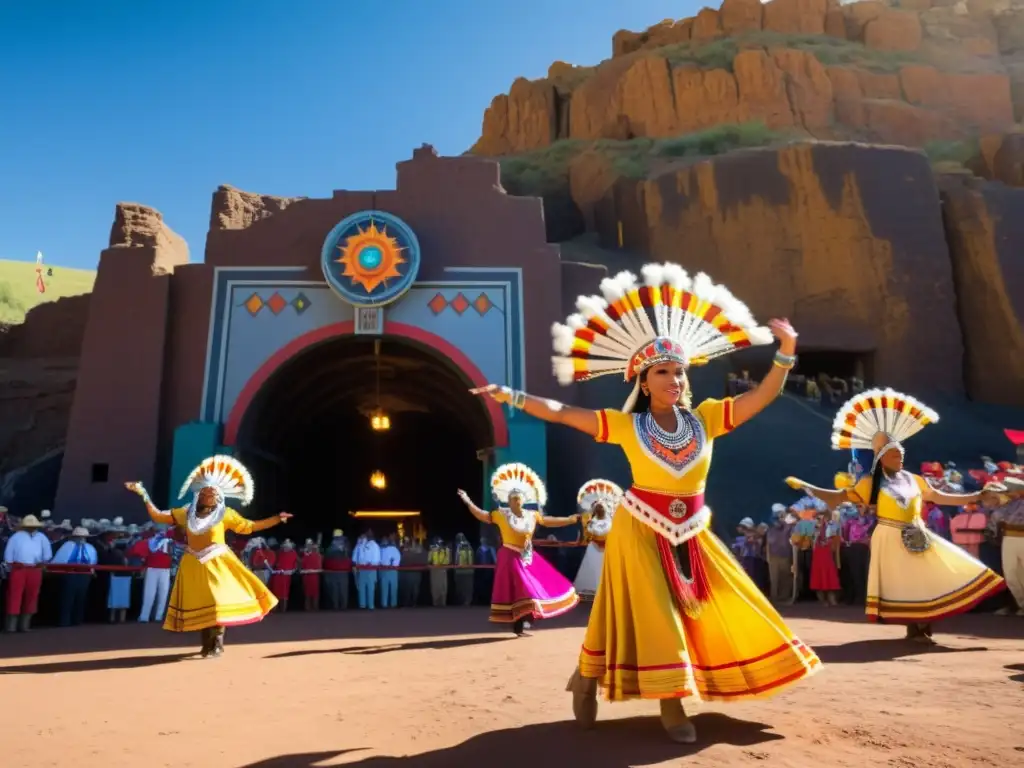 Grupo de bailarines tradicionales en vibrantes trajes coloridos y tocados elaborados, actuando en la entrada de una mina histórica