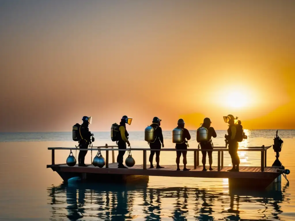 Grupo de buceadores en trajes tradicionales en plataforma sobre el golfo Pérsico, listos para explorar la antigua industria perlífera Bahrein