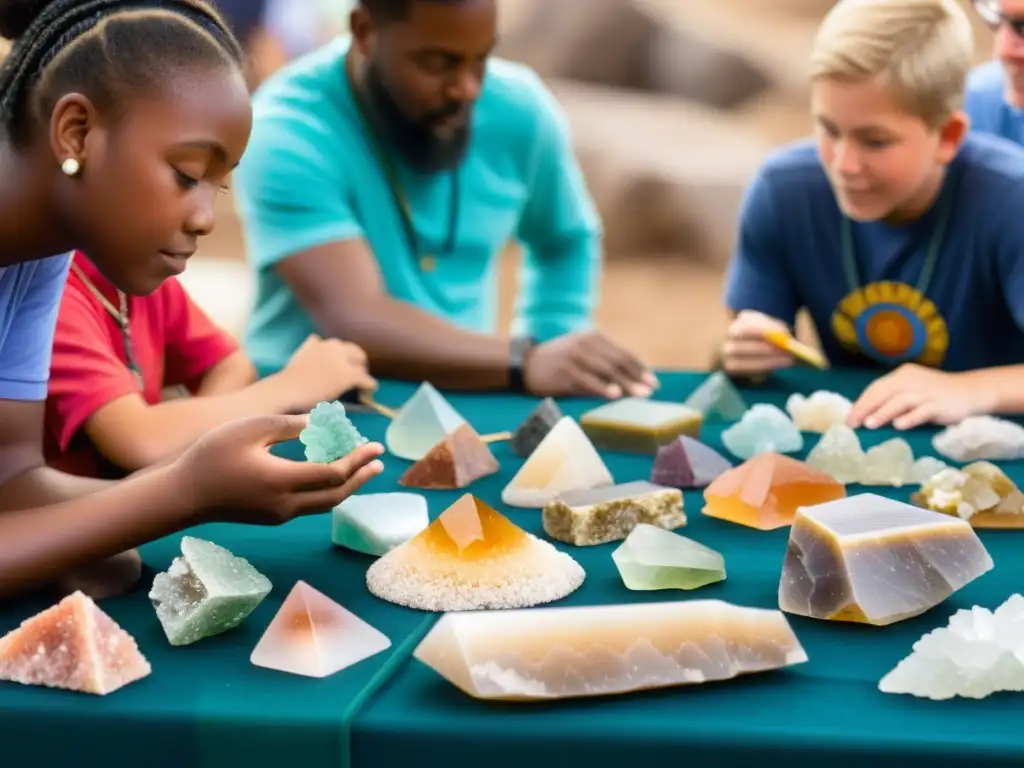 Grupo diverso disfruta de una charla sobre minerales en una feria, mostrando asombro y curiosidad