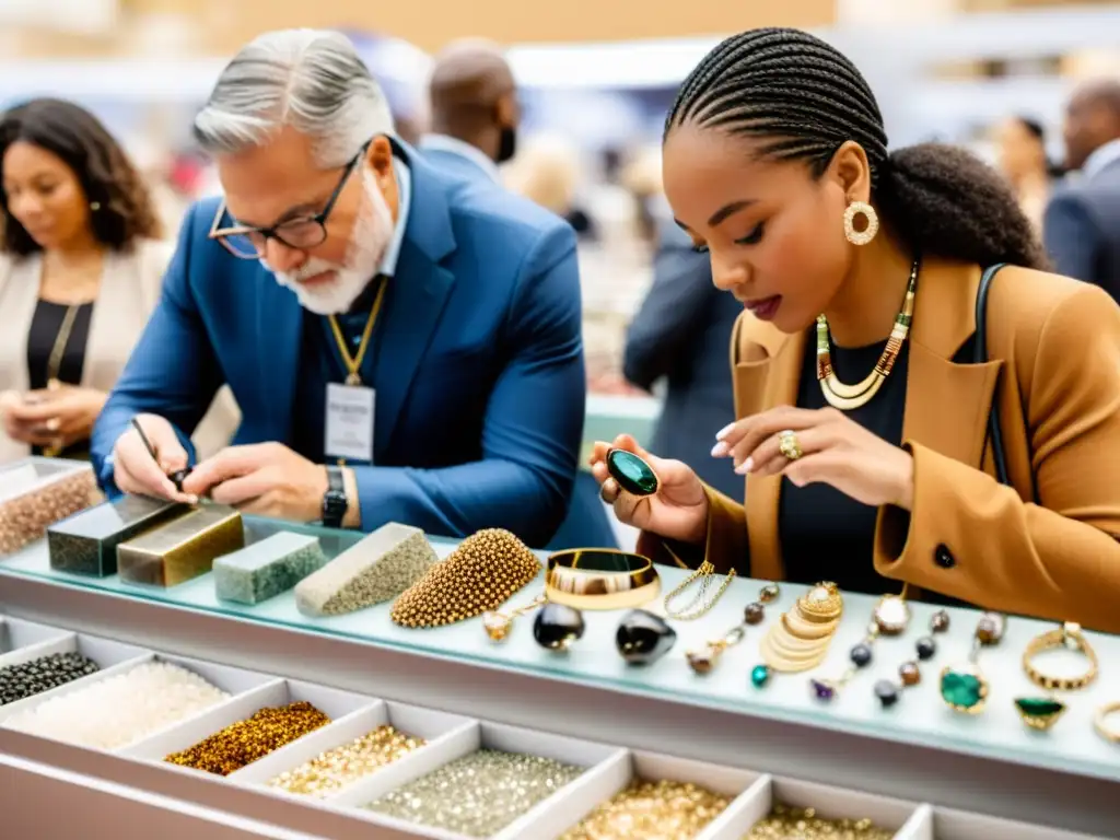 Grupo diverso de consumidores de joyería y minerales examinando productos con expresiones de interés en un mercado