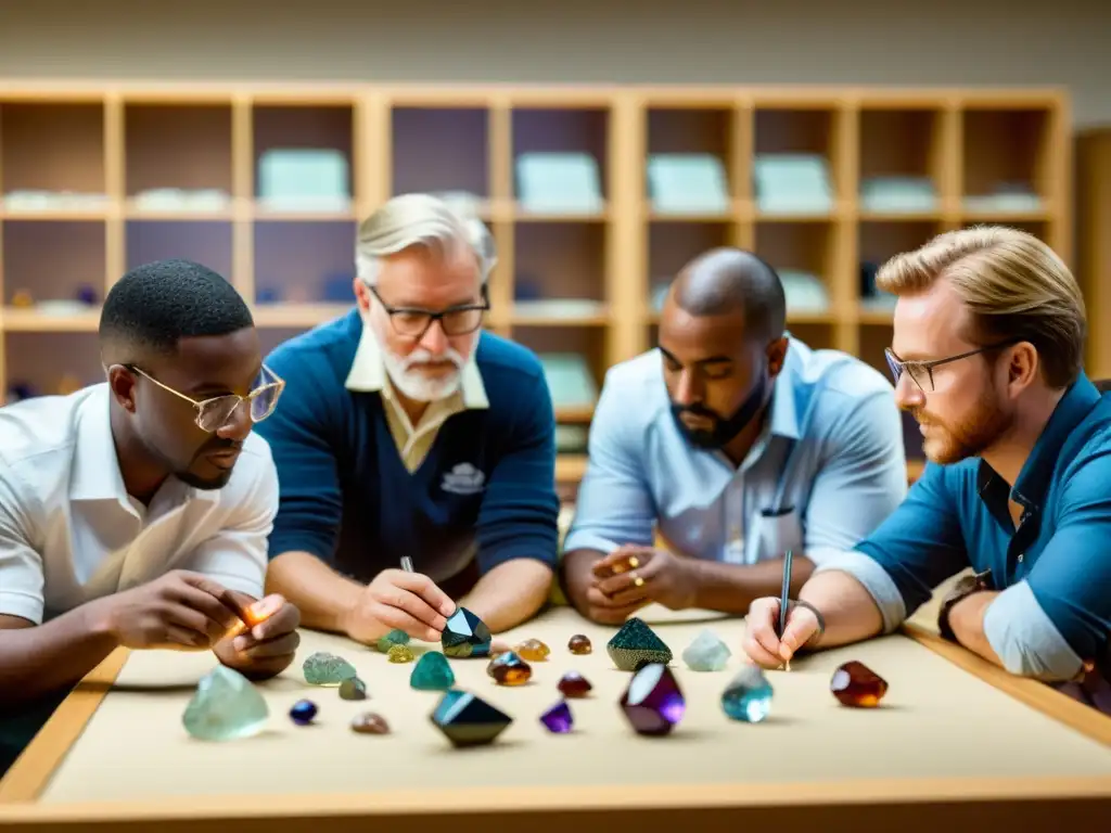 Grupo diverso de entusiastas aprendiendo sobre piedras preciosas en un aula espaciosa y bien iluminada